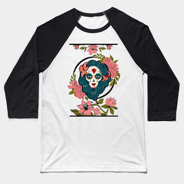 Sugar Skull Girl Floral Magnolia Baseball T-Shirt by Redmanrooster